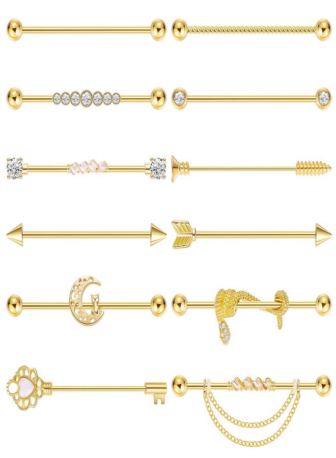LOREMOW 12Pcs 14G Stainless Steel Industrial Barbell Earrings for Women Men Cartilage Helix Piercing Jewelry Industrial Piercing Bar 38MM Gold - Image 1